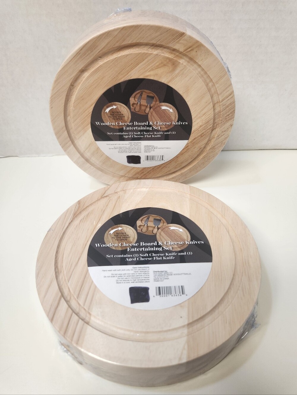 2 New Wood Cheese Boards & Cheese Knives Sets 7" Diam 1.5" Thick